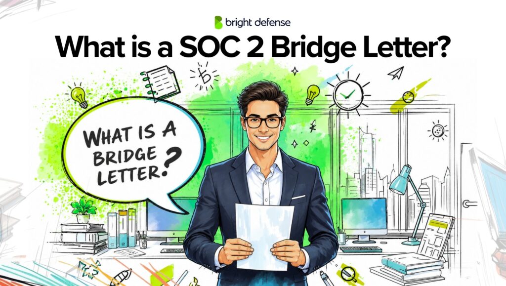 SOC 2 bridge letter illustration showing a professional holding documents beside the text “What Is a Bridge Letter?” in an office setting.