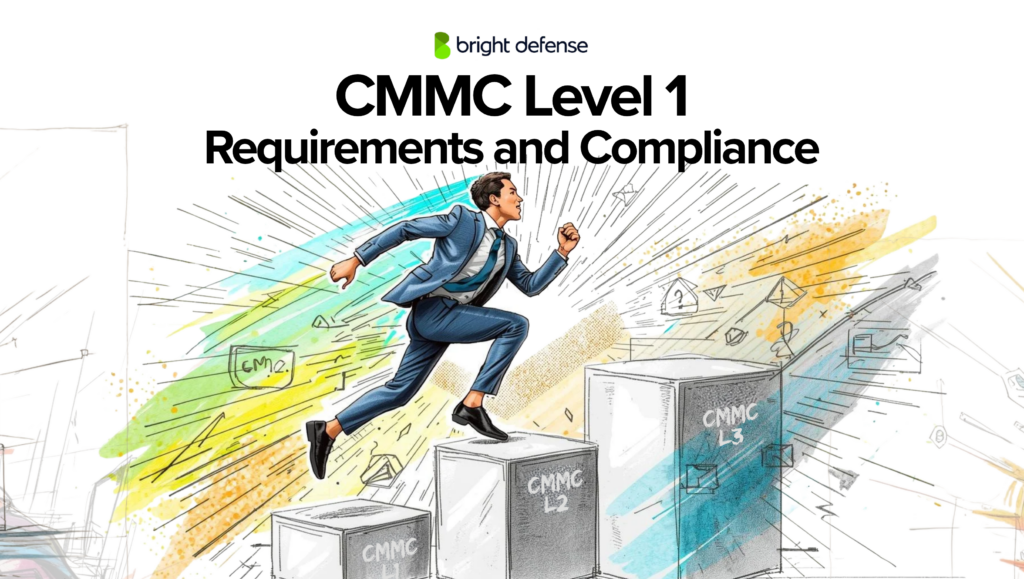 Bright Defense graphic presenting CMMC Level 1 as the first step in cybersecurity maturity, with a person climbing toward a goal.