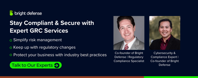 Bright Defense compliance and security services banner featuring two experts, highlighting risk management, regulatory compliance, and industry best practices with a 'Talk to Our Experts' call-to-action button.