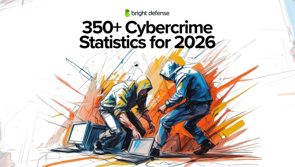 350+ Cybercrime Statistics for 2026 cover image featuring an illustrated cyberattack scene with two hooded figures, laptops, and abstract orange and blue security graphics.