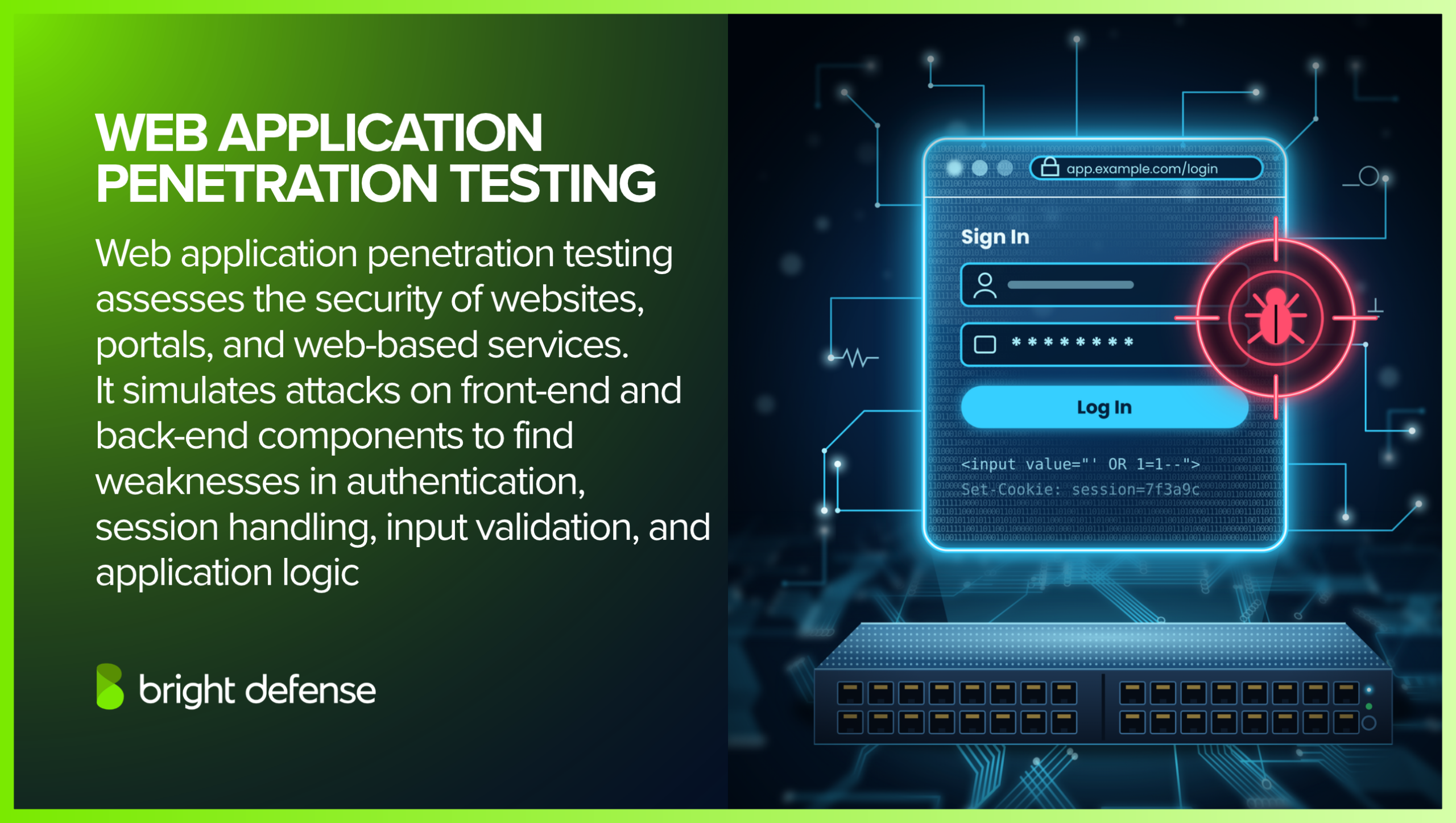 Web application penetration testing assesses websites, portals, and web services for weaknesses in authentication, session handling, input validation, and application logic.