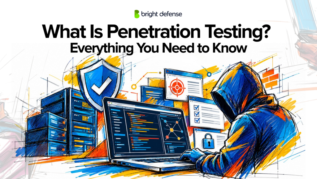 Penetration testing illustration showing an ethical hacker testing servers, applications, and security controls for vulnerabilities using a laptop and cybersecurity assessment tools.