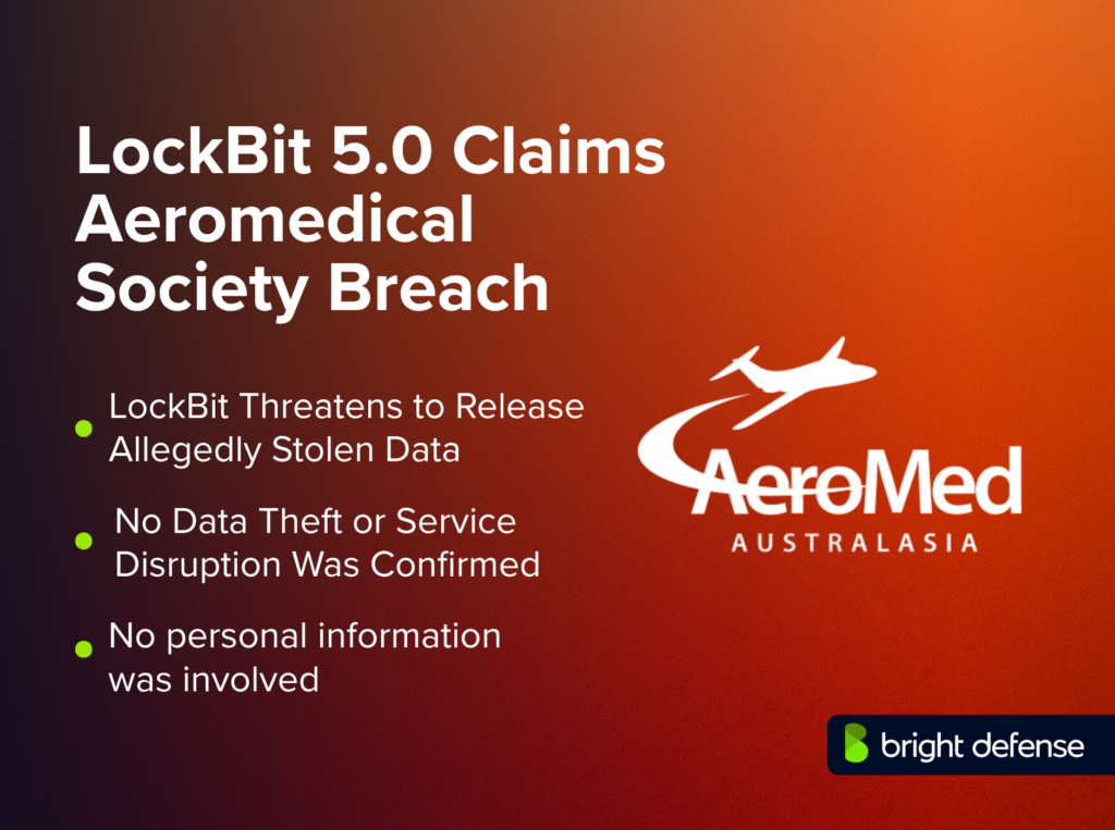 LockBit 5.0 claims an Aeromedical Society breach and threatens to release allegedly stolen data, while no data theft, service disruption, or personal information exposure was confirmed.