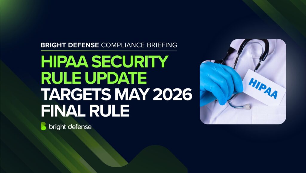 Bright Defense graphic announcing HIPAA Security Rule update targeting a May 2026 final rule with healthcare imagery and branding.