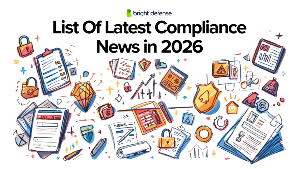 Featured image for a 2026 compliance news roundup showing illustrated compliance and cybersecurity icons, including documents, shields, charts, locks, alerts, and audit symbols surrounding the title &ldquo;List Of Latest Compliance News in 2026.&rdquo;