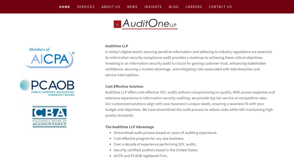 AuditOne LLP SOC 2 consultants webpage showing AICPA, PCAOB, and California Board of Accountancy logos with information on SOC audits and security compliance in Los Angeles.