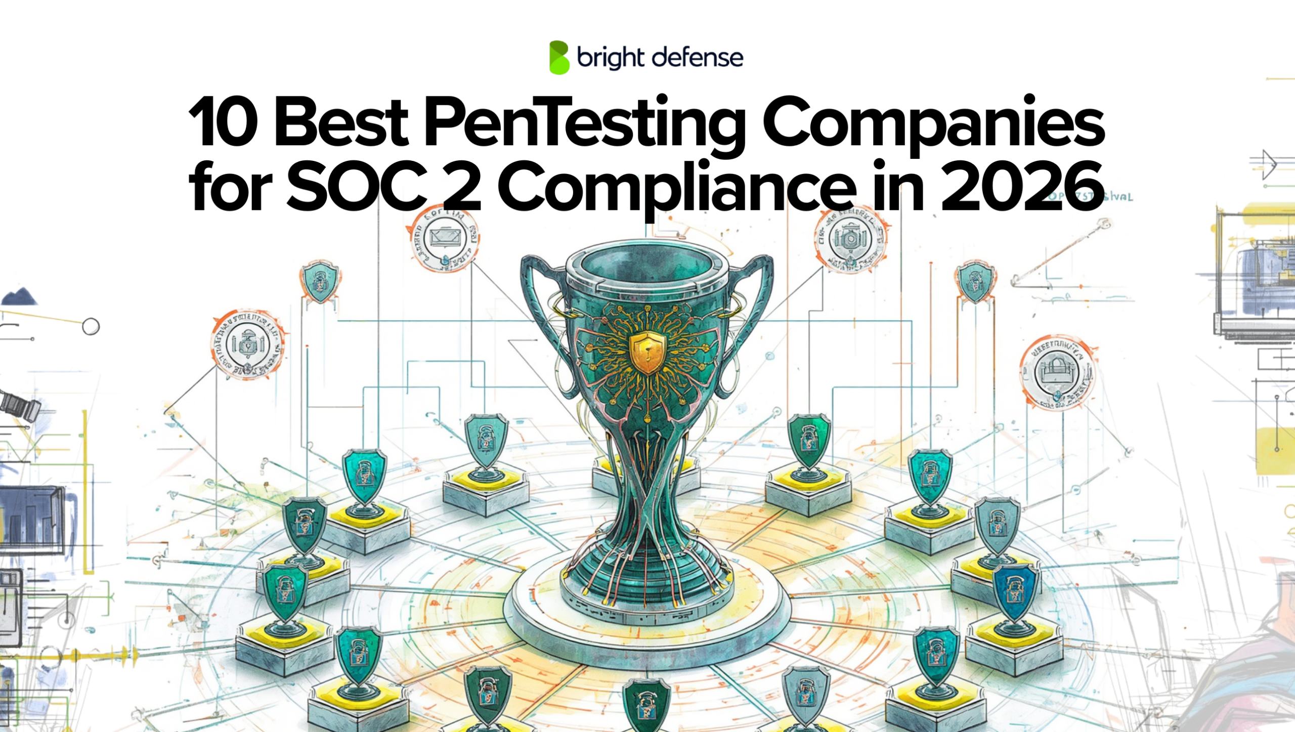 Bright Defense graphic reading “10 Best Pen Testing Companies for SOC 2 Compliance in 2026,” with a trophy surrounded by connected security icons.