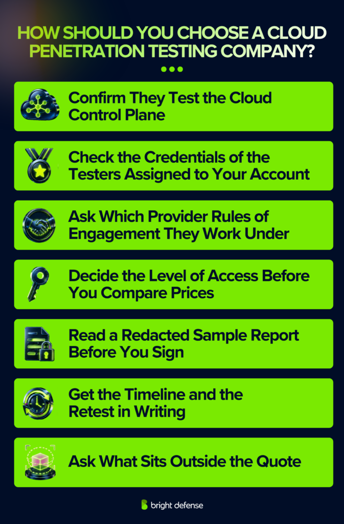 Infographic listing seven criteria for choosing a cloud penetration testing company, including testing scope, credentials, provider rules, access, reports, timelines, and pricing exclusions.