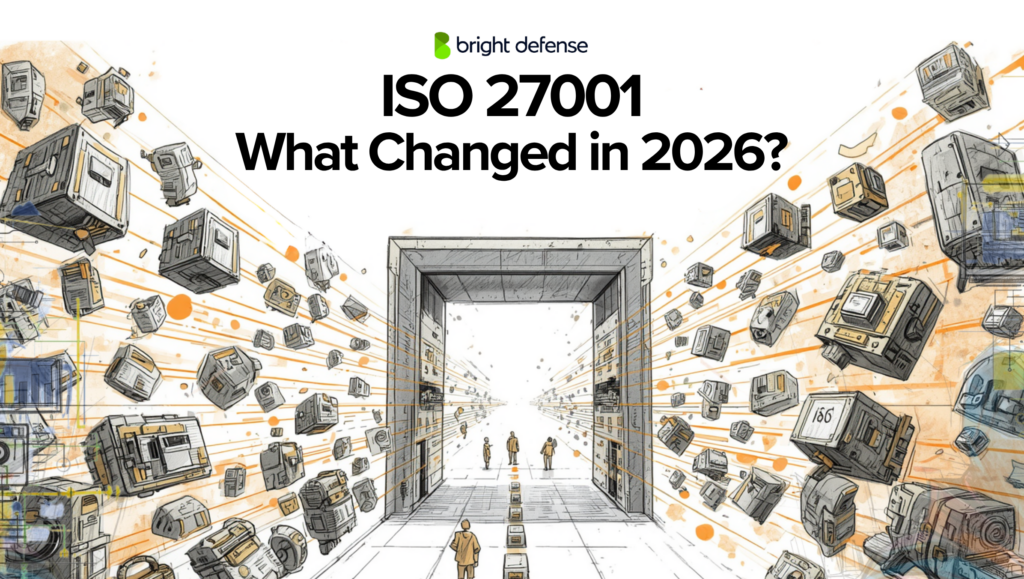ISO 27001 “What Changed in 2026?” graphic showing a central gateway surrounded by flying document and system icons, symbolizing updates, transitions, and evolving ISMS requirements.