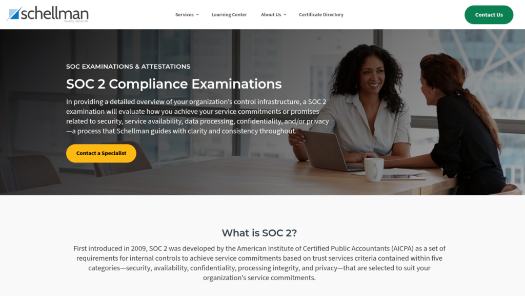 Schellman SOC 2 Compliance Examinations webpage describing SOC 2 assessments, trust services criteria, and specialist consultation services.