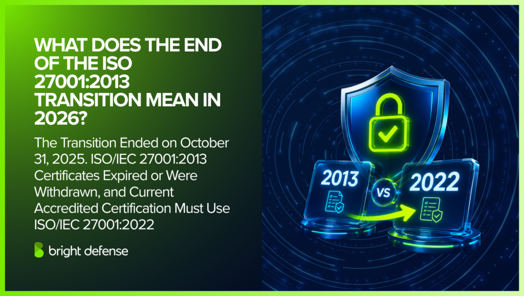 ISO 27001:2013 transition ended October 31, 2025. In 2026, ISO 27001:2013 certificates are expired or withdrawn, and accredited certification must use ISO 27001:2022.
