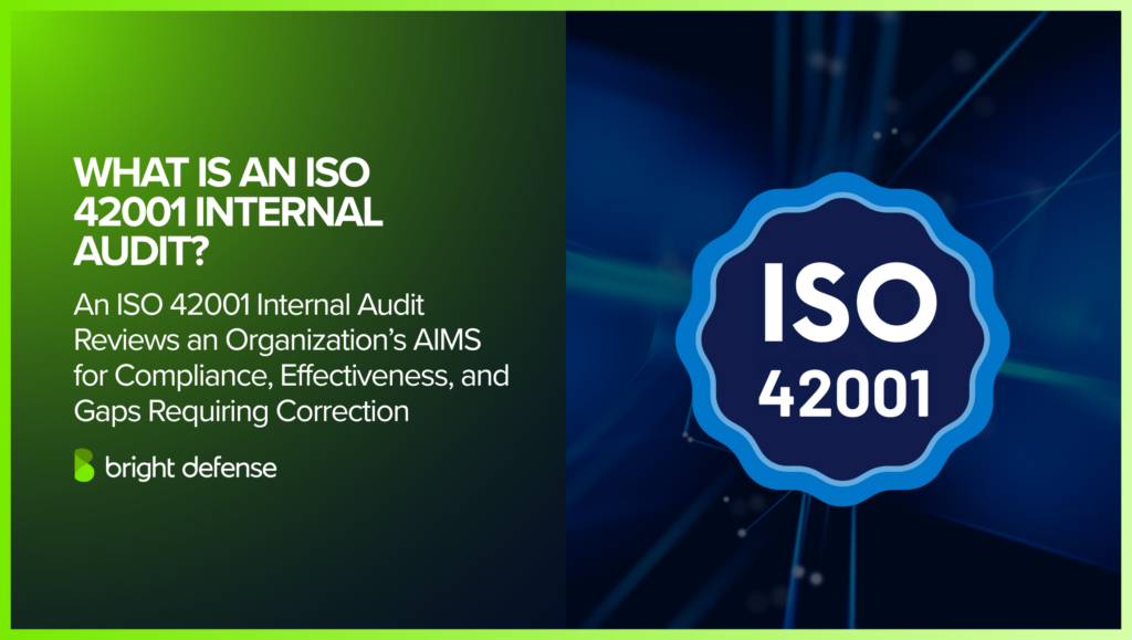 Green and dark blue Bright Defense infographic titled “What Is an ISO 42001 Internal Audit?” It explains that an ISO 42001 internal audit reviews an organization’s AI Management System, or AIMS, for compliance, effectiveness, and gaps that require correction. A large ISO 42001 certification-style badge appears on the right against a dark technology-themed background.