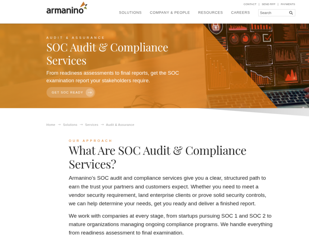 Armanino SOC Audit & Compliance Services webpage featuring SOC readiness assessments, compliance support, and final examination reporting for businesses.