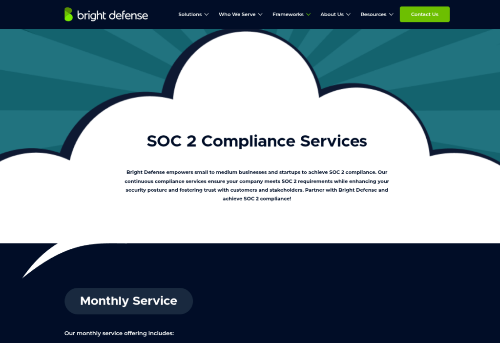 Bright Defense SOC 2 Compliance Services webpage featuring a cloud graphic and monthly compliance service section.