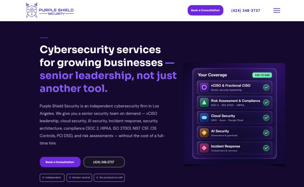 Purple Shield Security cybersecurity services webpage highlighting SOC 2 compliance, vCISO leadership, cloud security, AI security, and incident response in Los Angeles.