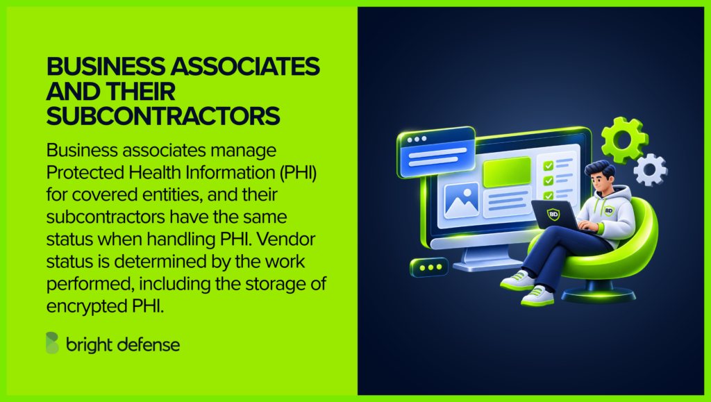 HIPAA business associates and their subcontractors handle protected health information (PHI) on behalf of covered entities and must meet applicable HIPAA requirements, including when storing encrypted PHI.