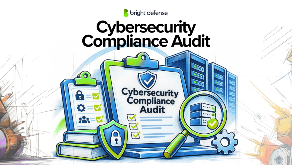 Cybersecurity compliance audit illustration showing security checklists, server assessments, audit documentation, a magnifying glass, and protective shields representing security control verification.