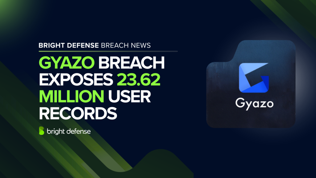 Bright Defense breach news graphic reporting that the Gyazo data breach exposed 23.62 million user records, featuring the Gyazo logo against a dark blue and green background.