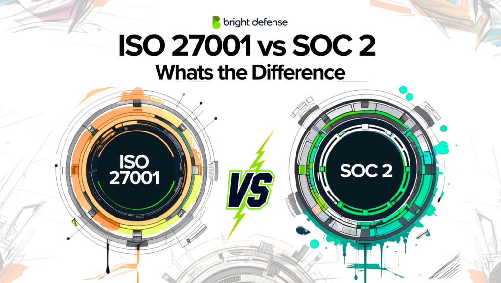 ISO 27001 vs. SOC 2 comparison illustration featuring two circular cybersecurity graphics representing the differences between information security certification and SOC 2 attestation.