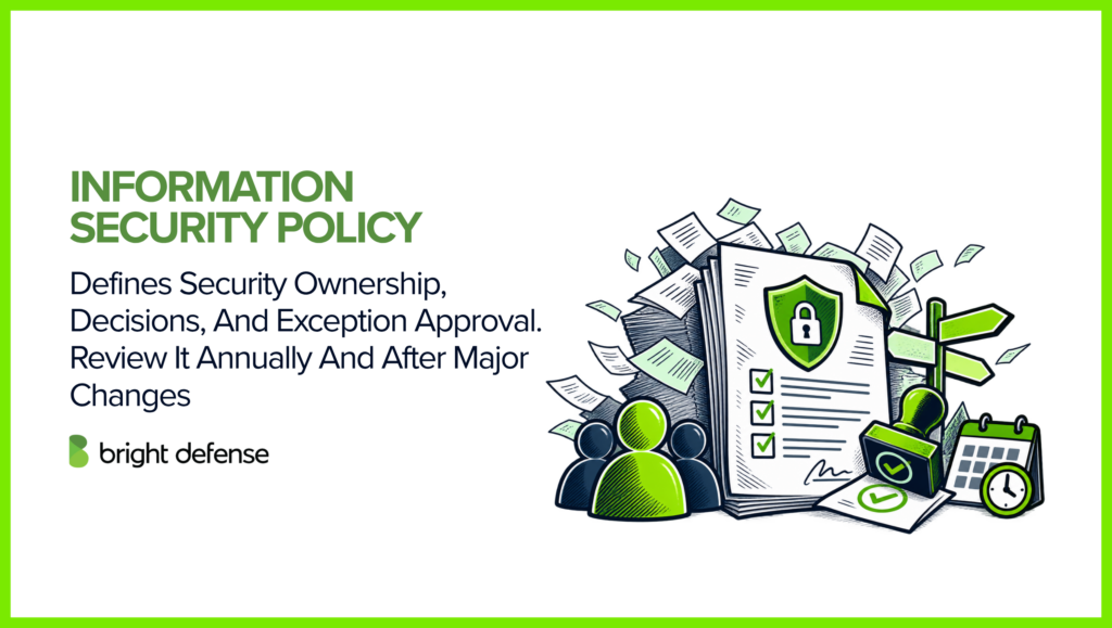 An information security policy defines security ownership, decision-making responsibilities, and exception approval processes, with reviews conducted annually and after major organizational changes.
