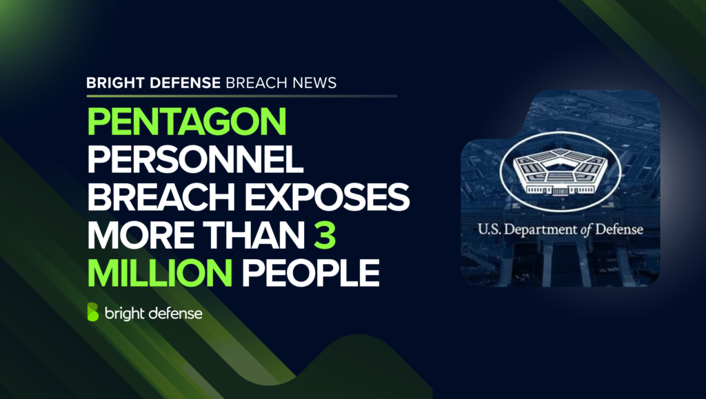 Bright Defense breach news graphic reporting that a Pentagon personnel data breach exposed more than 3 million people, featuring the U.S. Department of Defense emblem.