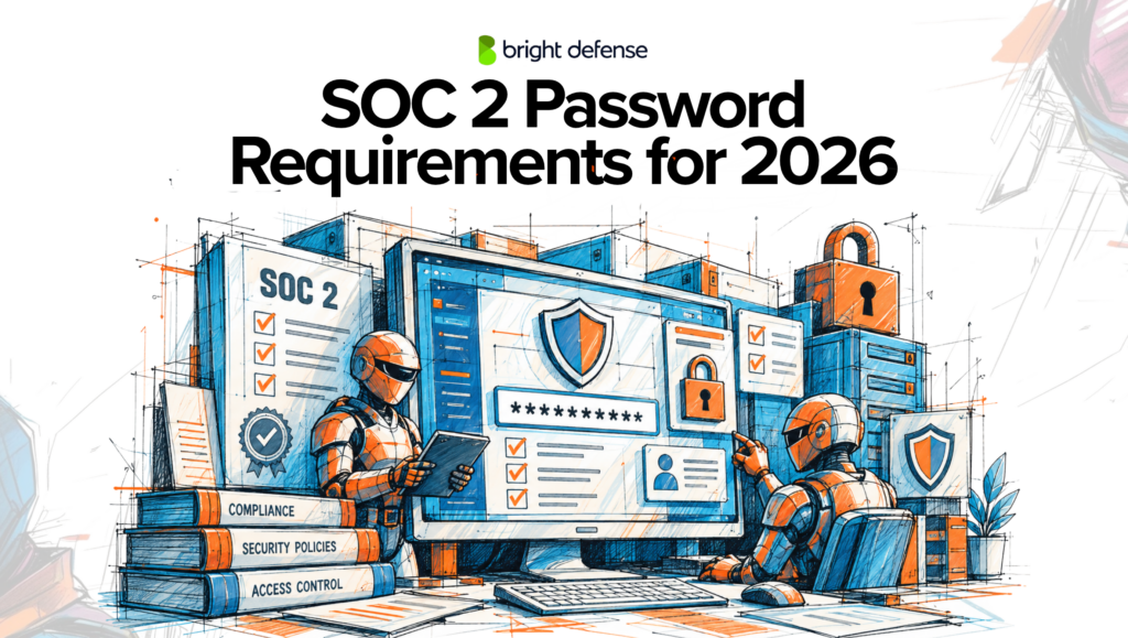 SOC 2 password requirements for 2026 illustration featuring password protection, access controls, security policies, authentication safeguards, and compliance checklists.