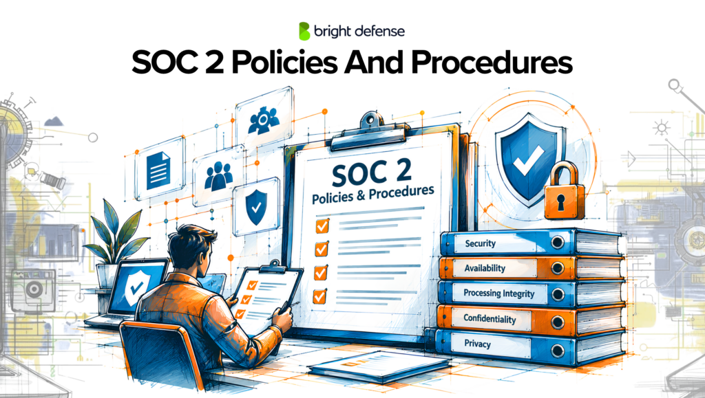 SOC 2 policies and procedures illustration showing a compliance checklist, security controls, and the five Trust Services Criteria: security, availability, processing integrity, confidentiality, and privacy.