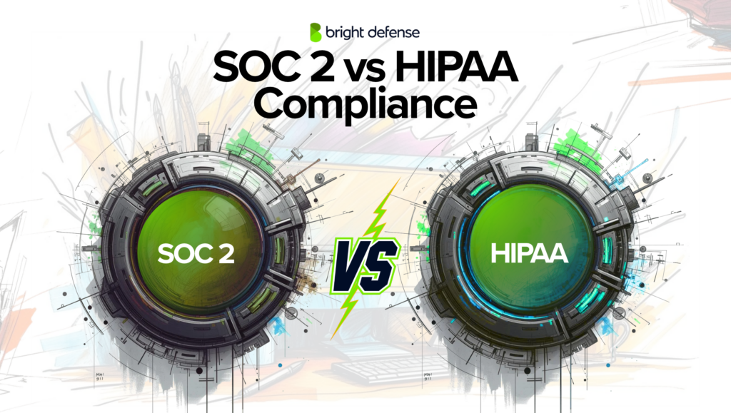 SOC 2 vs HIPAA compliance comparison illustration featuring two circular cybersecurity symbols representing SOC 2 security controls and HIPAA healthcare data protection requirements.