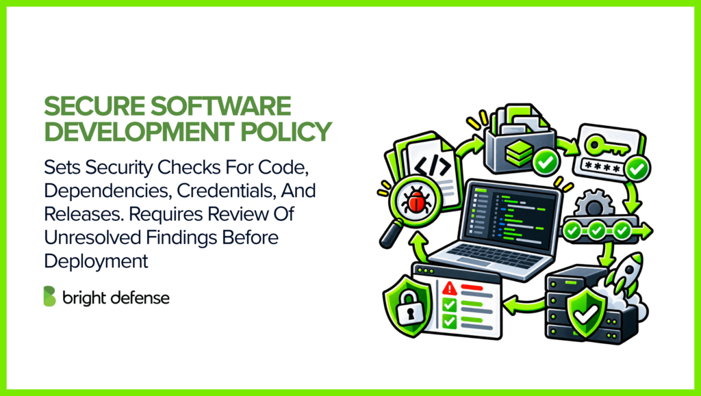 A secure software development policy establishes security checks for code, dependencies, credentials, and software releases, requiring review of unresolved vulnerabilities before deployment.