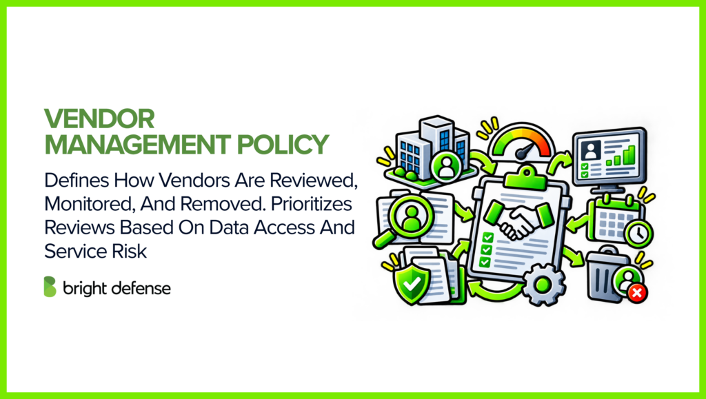 A vendor management policy defines how third-party vendors are assessed, monitored, and offboarded, with risk-based reviews prioritized by data access and service risk.
