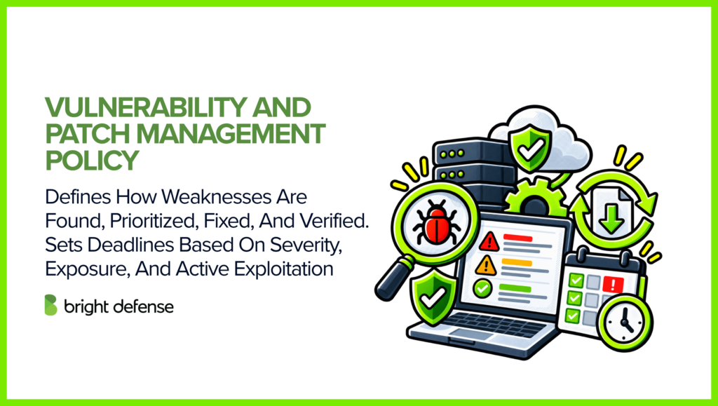 A vulnerability and patch management policy defines how security weaknesses are identified, prioritized, remediated, and verified, with deadlines based on severity, exposure, and active exploitation.