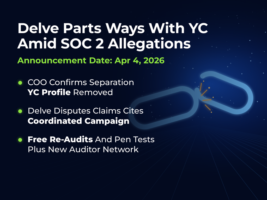 Delve parts ways with Y Combinator amid SOC 2 allegations, announced Apr 4, 2026, with the COO confirming the separation and its YC profile removed, Delve disputing the claims as a coordinated campaign, and free re-audits, pen tests and a new auditor network offered, set over a glowing chain with one link snapped open.