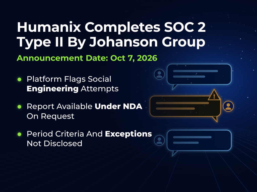Humanix completes a SOC 2 Type II examination by Johanson Group, announced Oct 7, 2026, for a platform that flags social engineering attempts, with the report available under NDA on request and the period, criteria and exceptions not disclosed, set over a chat thread where one message is outlined in amber with a warning triangle.